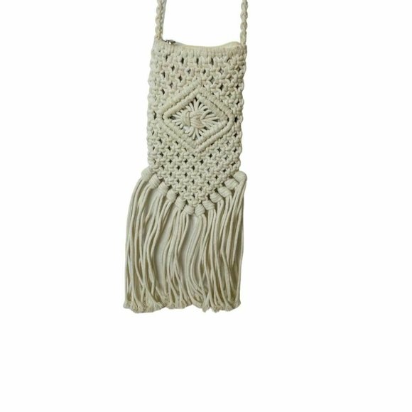 Mooloola Cream Macramé Phone Side Pouch Bag Tassel - Picture 5 of 7
